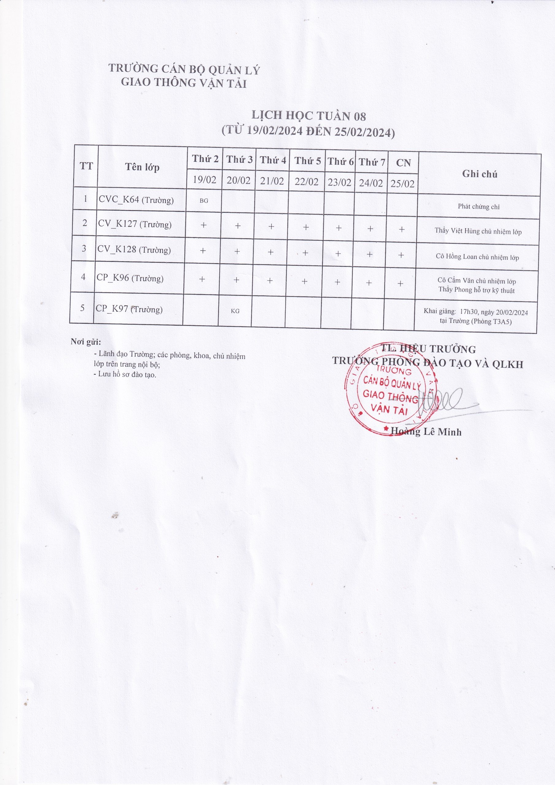 Lịch học tuần 08 từ 19/02/2024 đến 25/02/2024