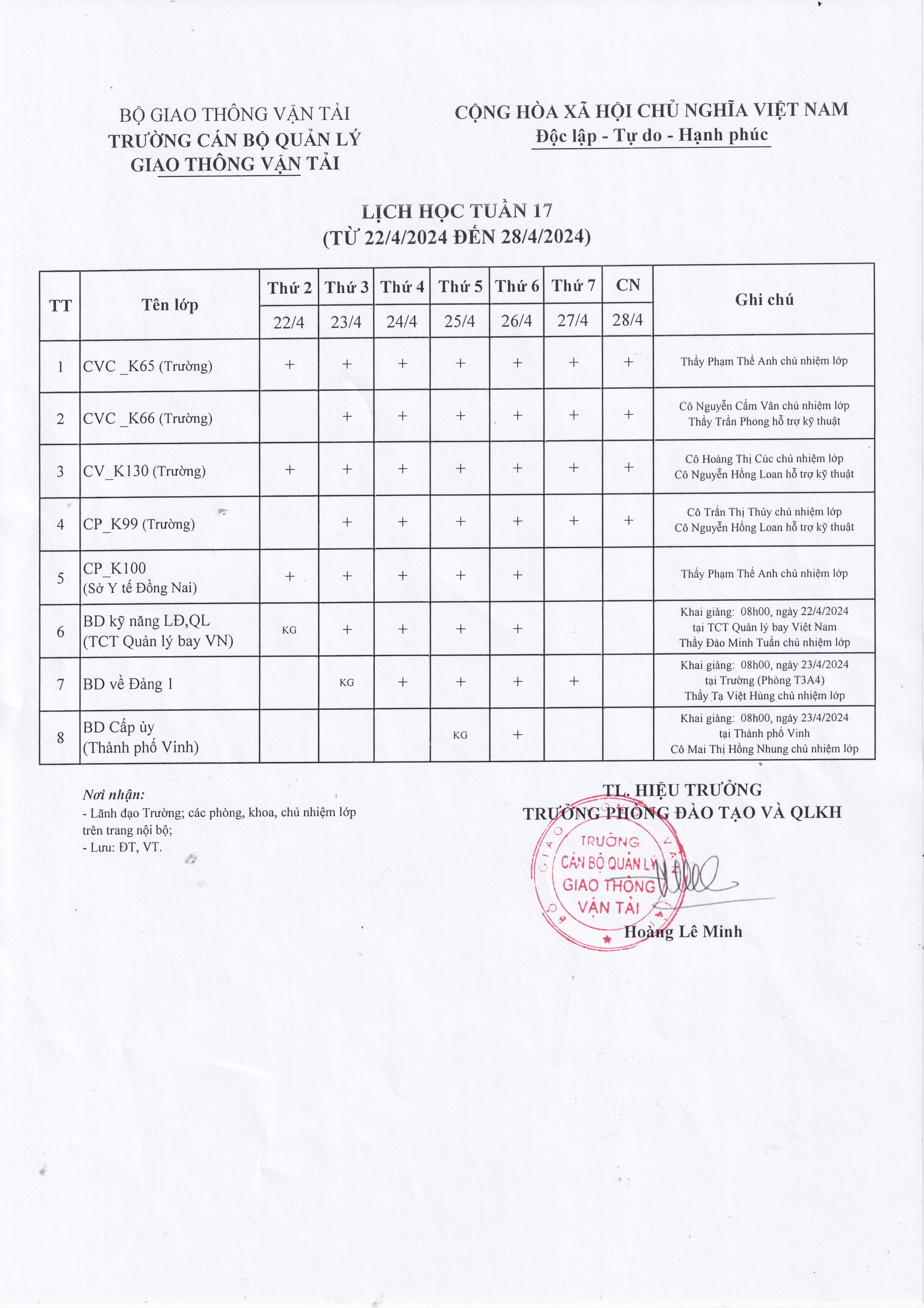 Lịch học tuần 17 từ 22/4/2024 đến 28/4/2024