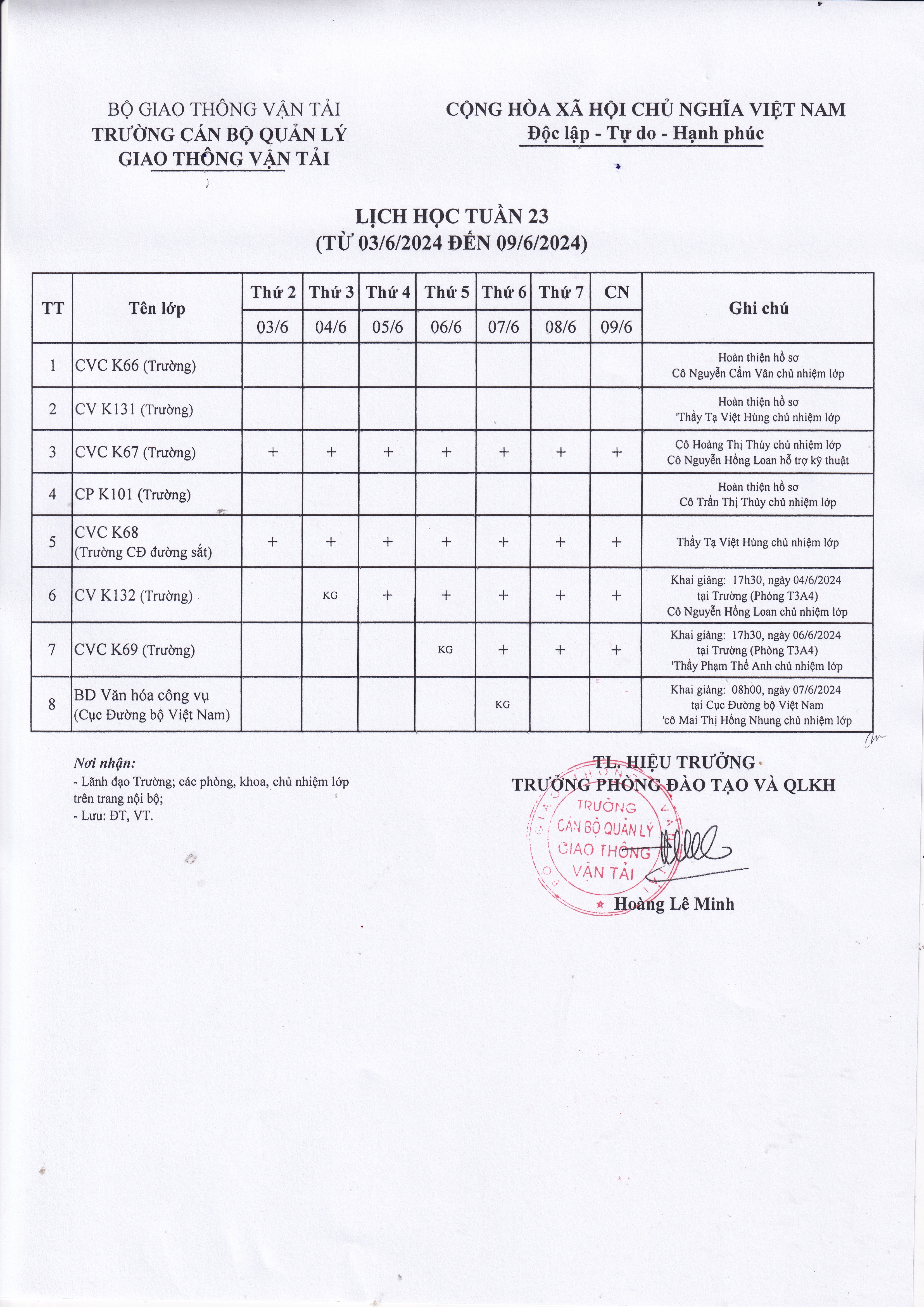Lịch học tuần 23 từ 03/6/2024 đến 09/6/2024