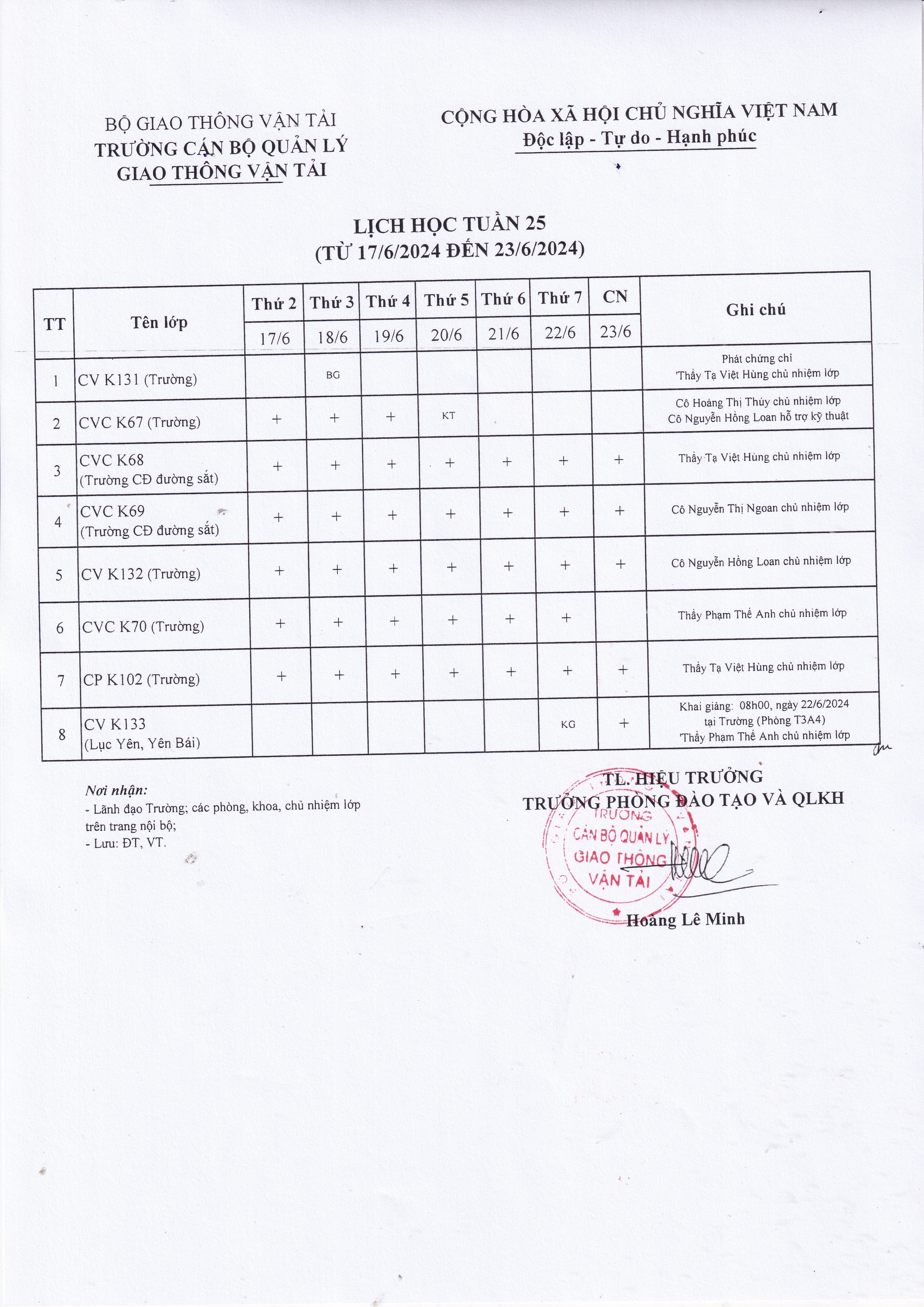 Lịch học tuần 25 từ 17/6/2024 đến 23/6/2024