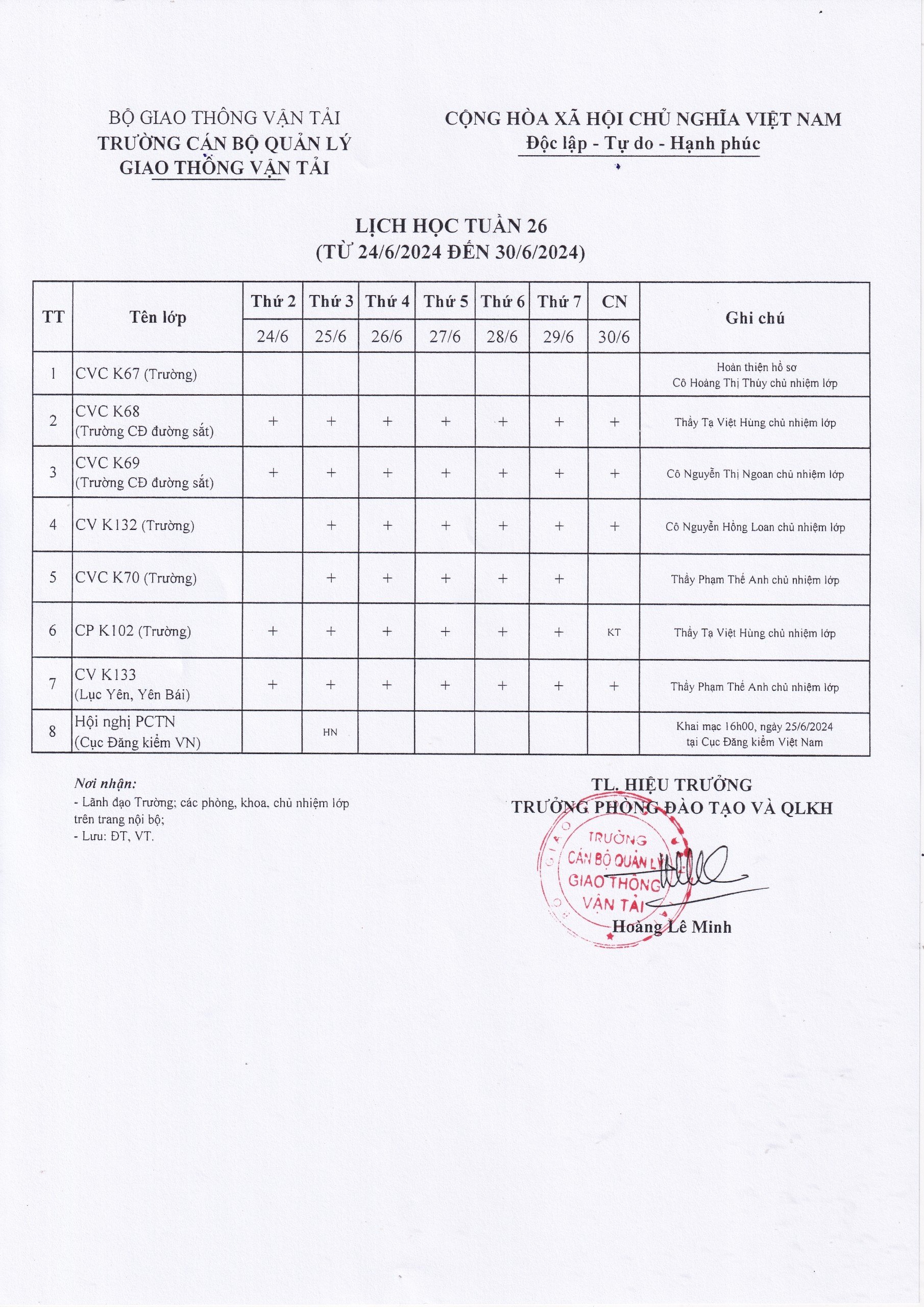 Lịch học tuần 26 từ 24/6/2024 đến 30/6/2024