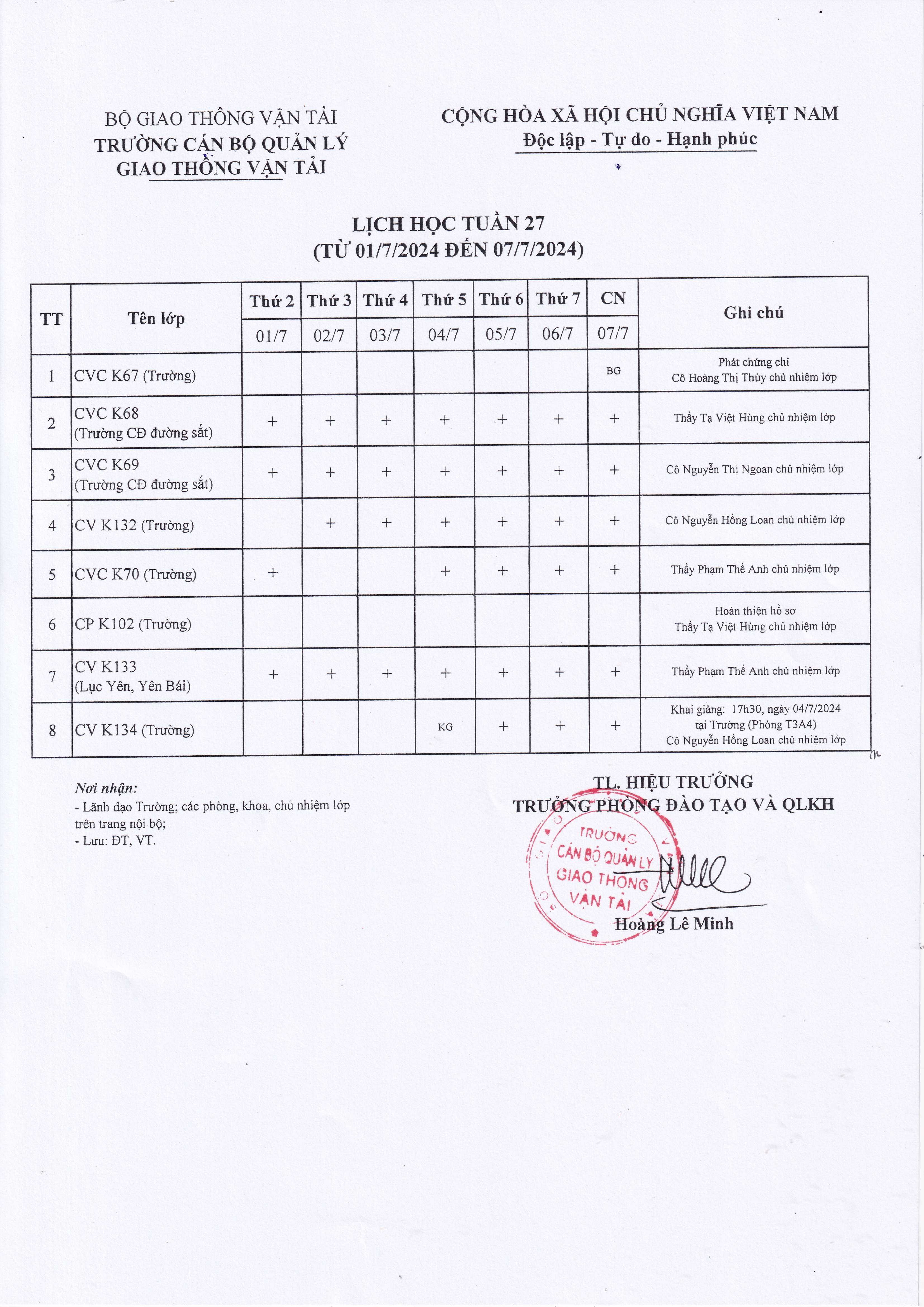 Lịch học tuần 27 từ 01/7/2024 đến 07/7/2024
