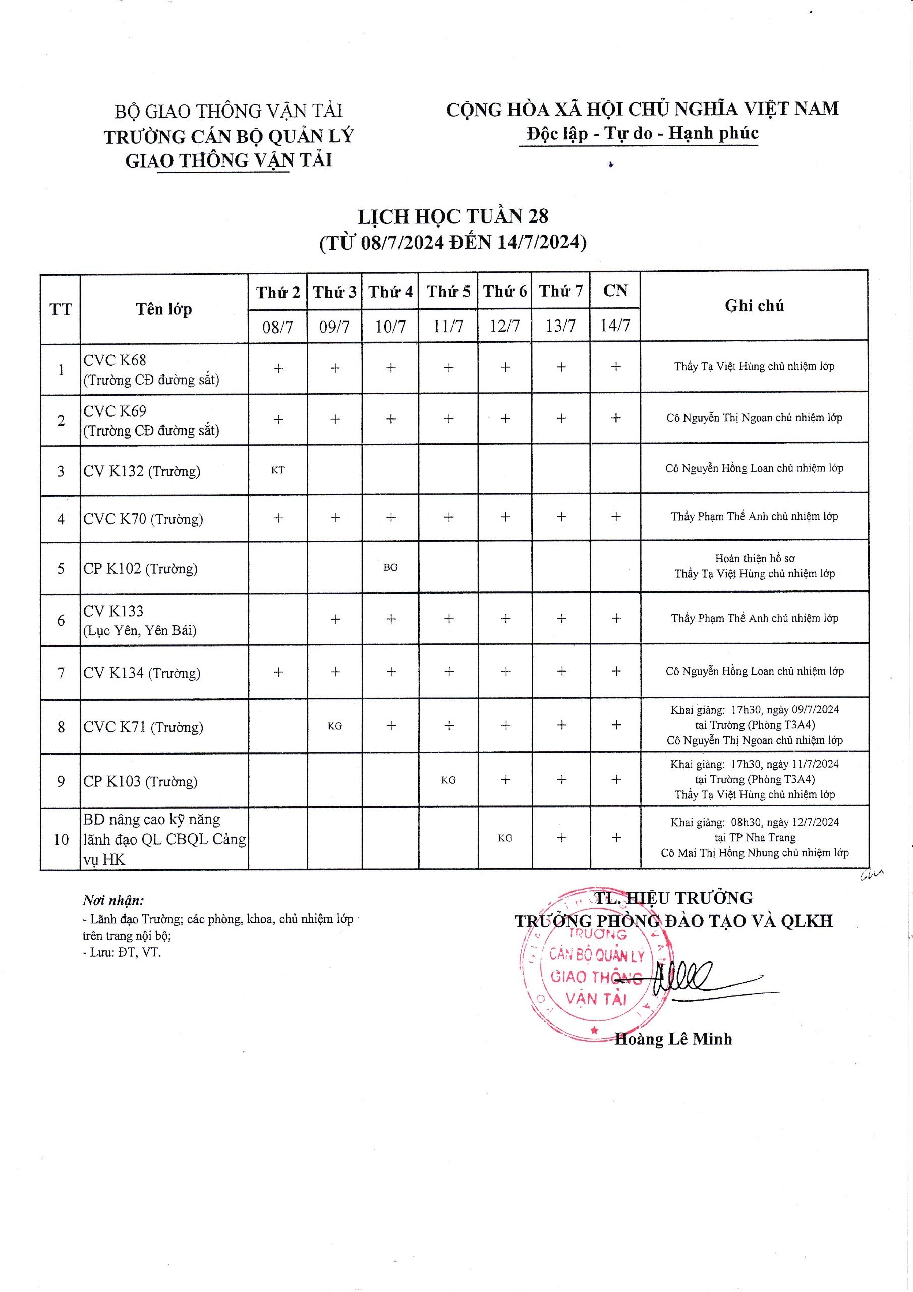 Lịch học tuần 28 từ 08/7/2024 đến 14/7/2024