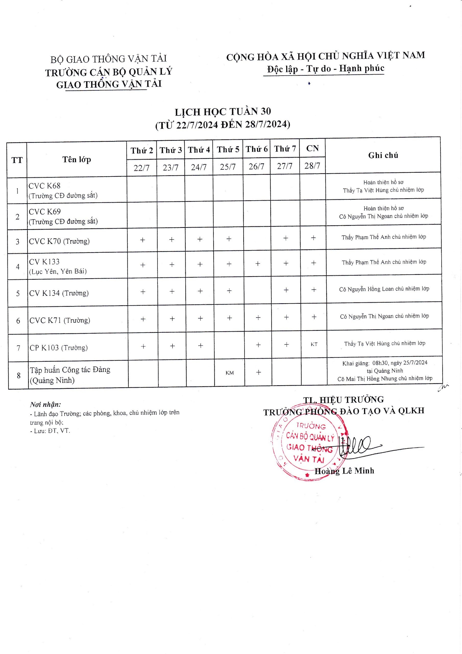 Lịch học tuần 30 từ 22/7/2024 đến 28/7/2024
