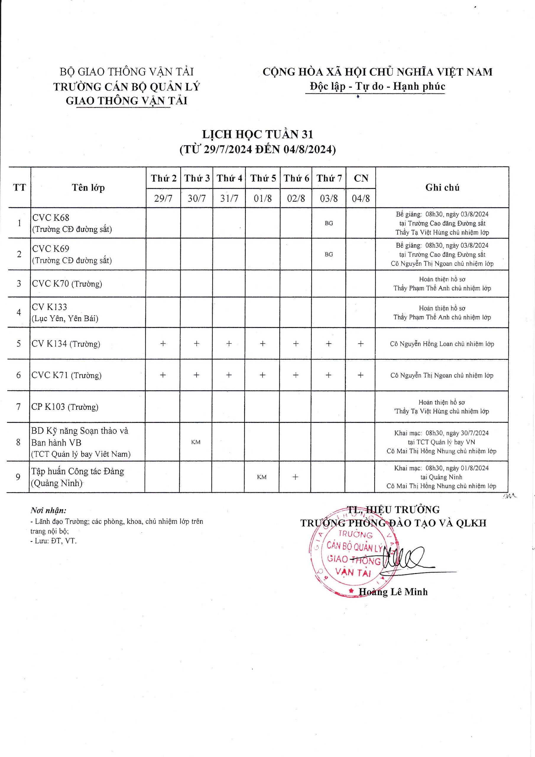 Lịch học tuần 31 từ 29/7/2024 đến 04/8/2024