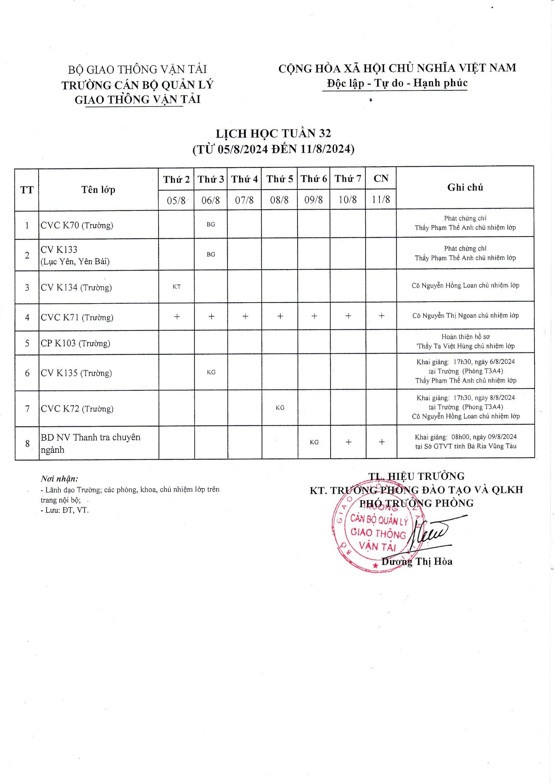 Lịch học tuần 32 từ 05/8/2024 đến 11/8/2024