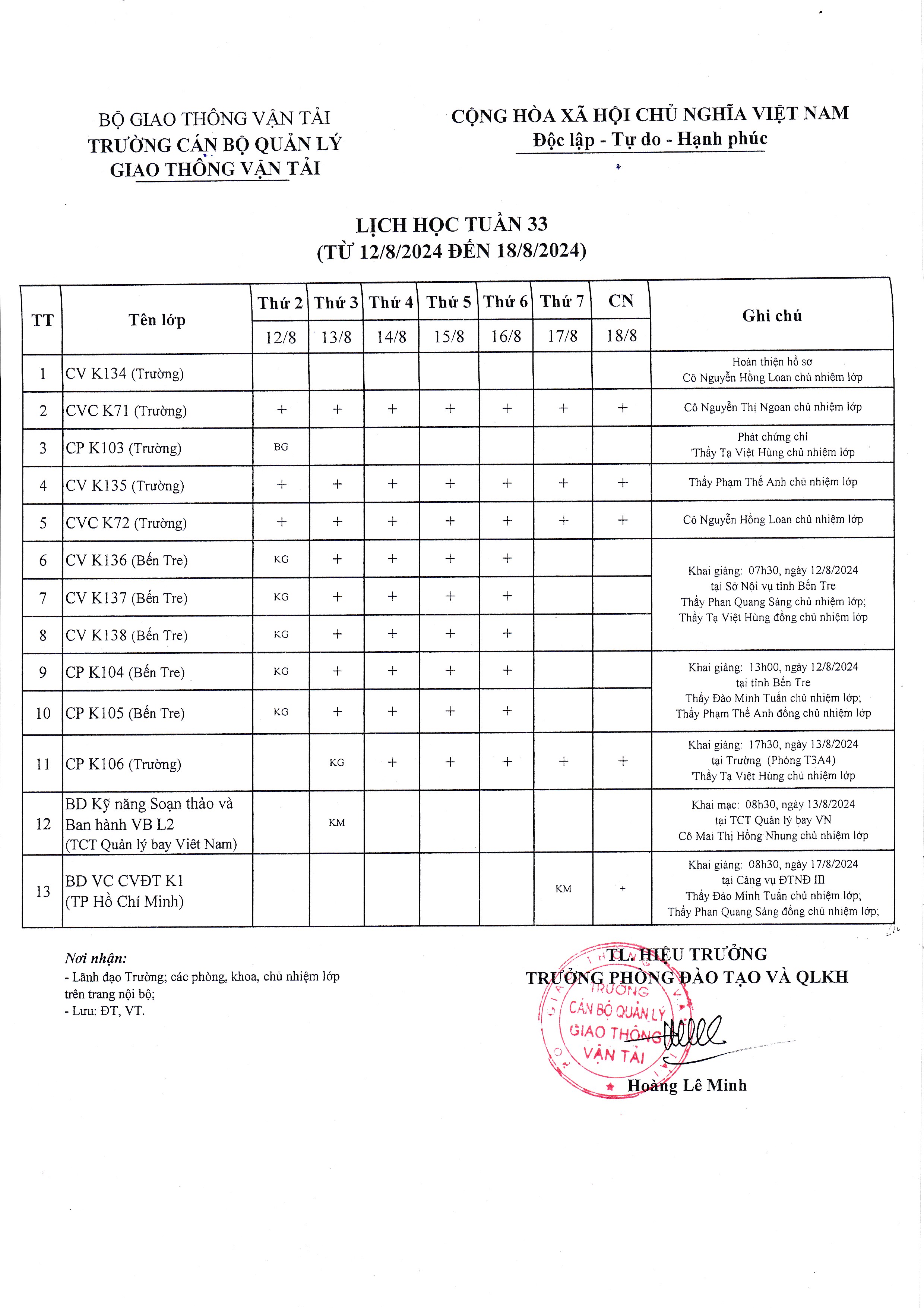 Lịch học tuần 33 từ 12/8/2024 đến 18/8/2024