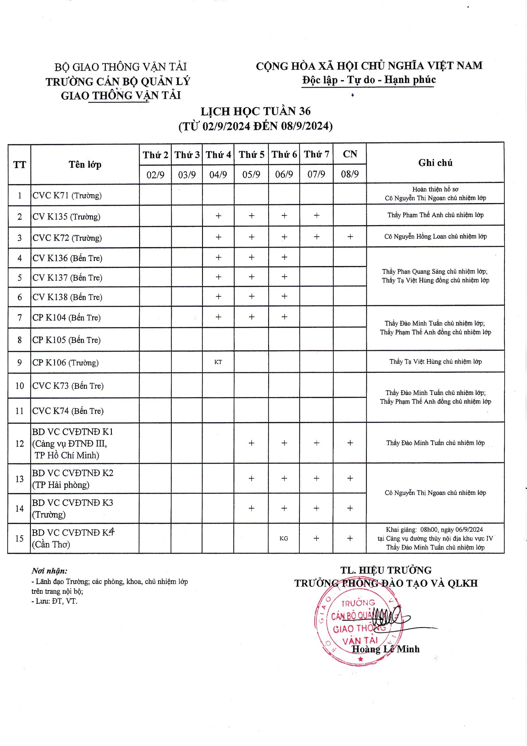 Lịch học tuần 36 từ 02/9/2024 đến 08/9/2024