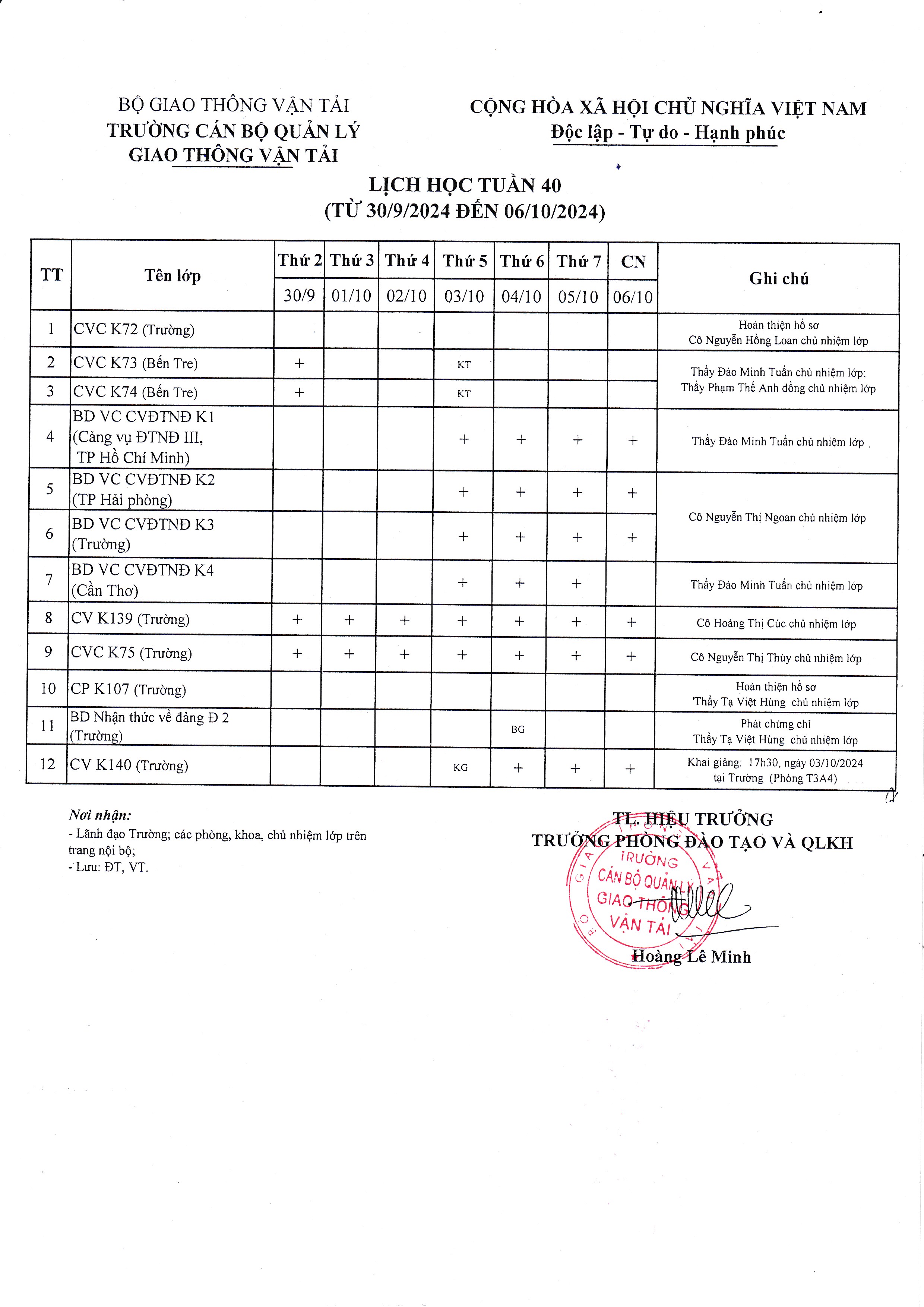 Lịch học tuần 40 từ 30/9/2024 đến 05/610/2024