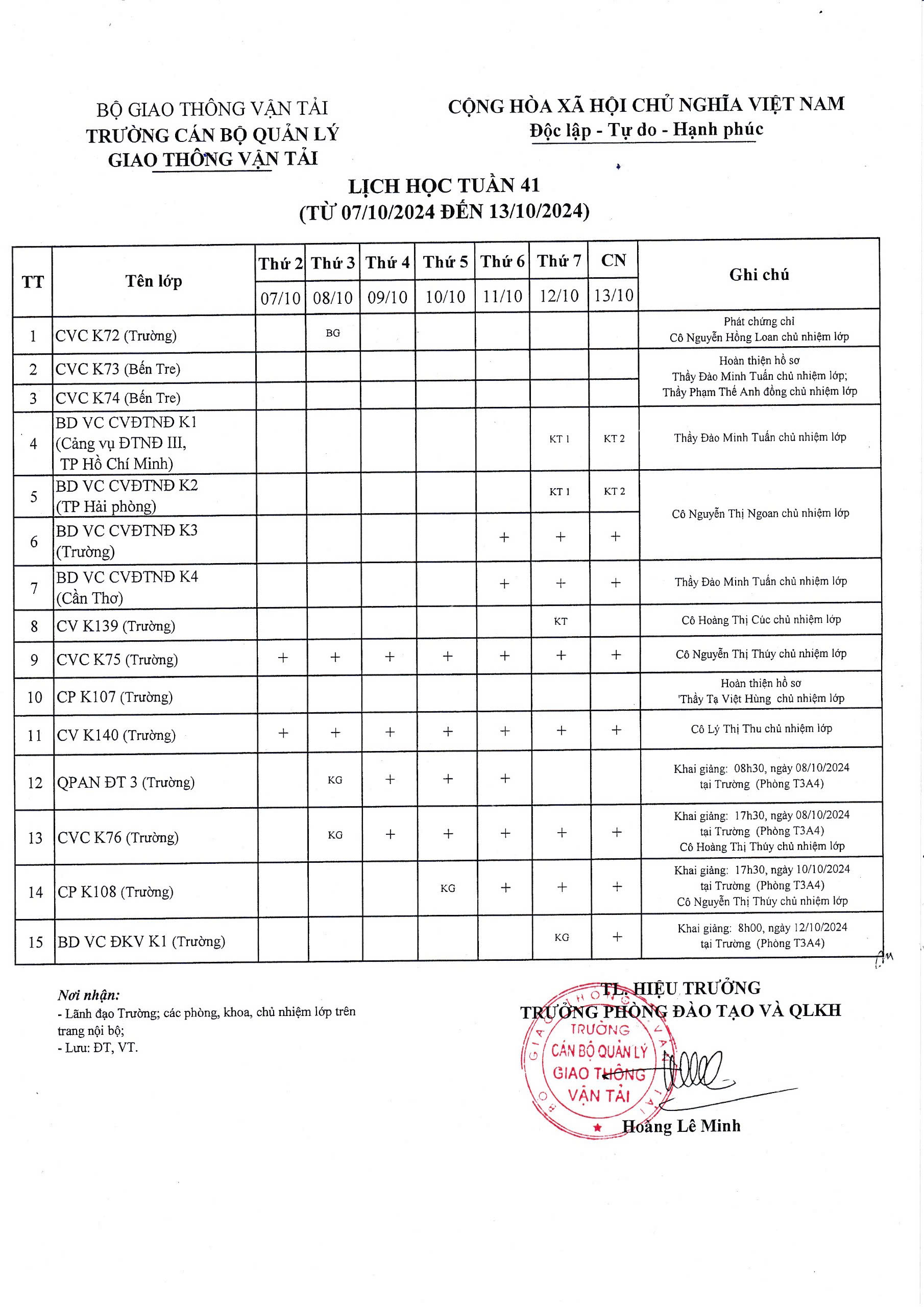 Lịch học tuần 41 từ 07/10/2024 đến 13/10/2024