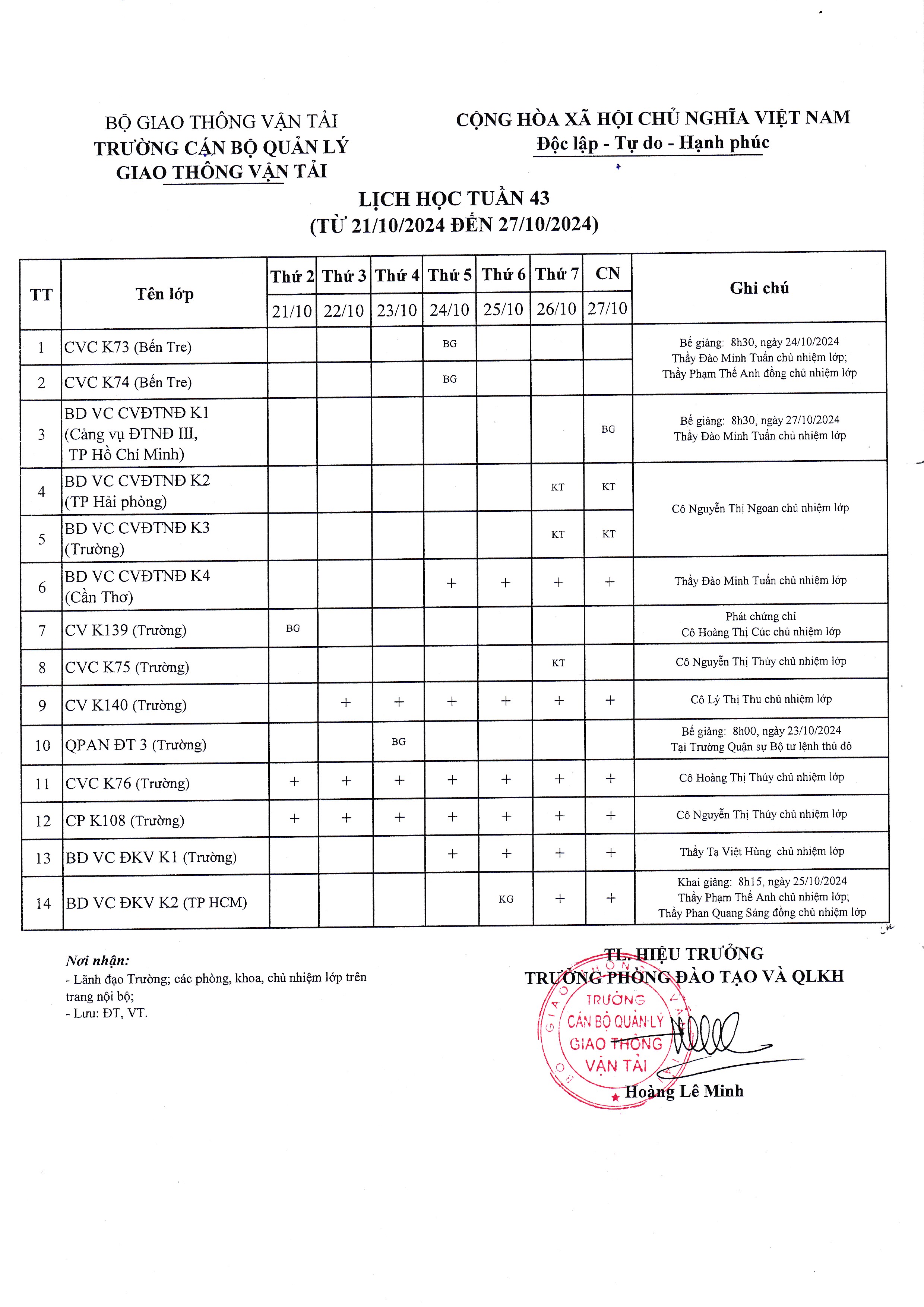 Lịch học tuần 43 từ 21/10/2024 đến 27/10/2024