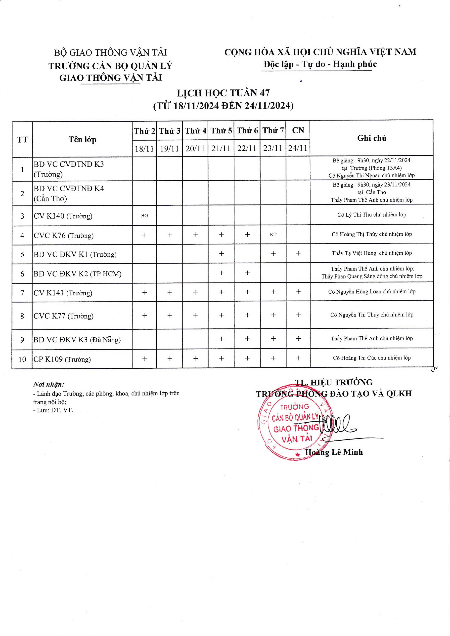 Lịch học tuần 47 từ 18/11/2024 đến 24/11/2024