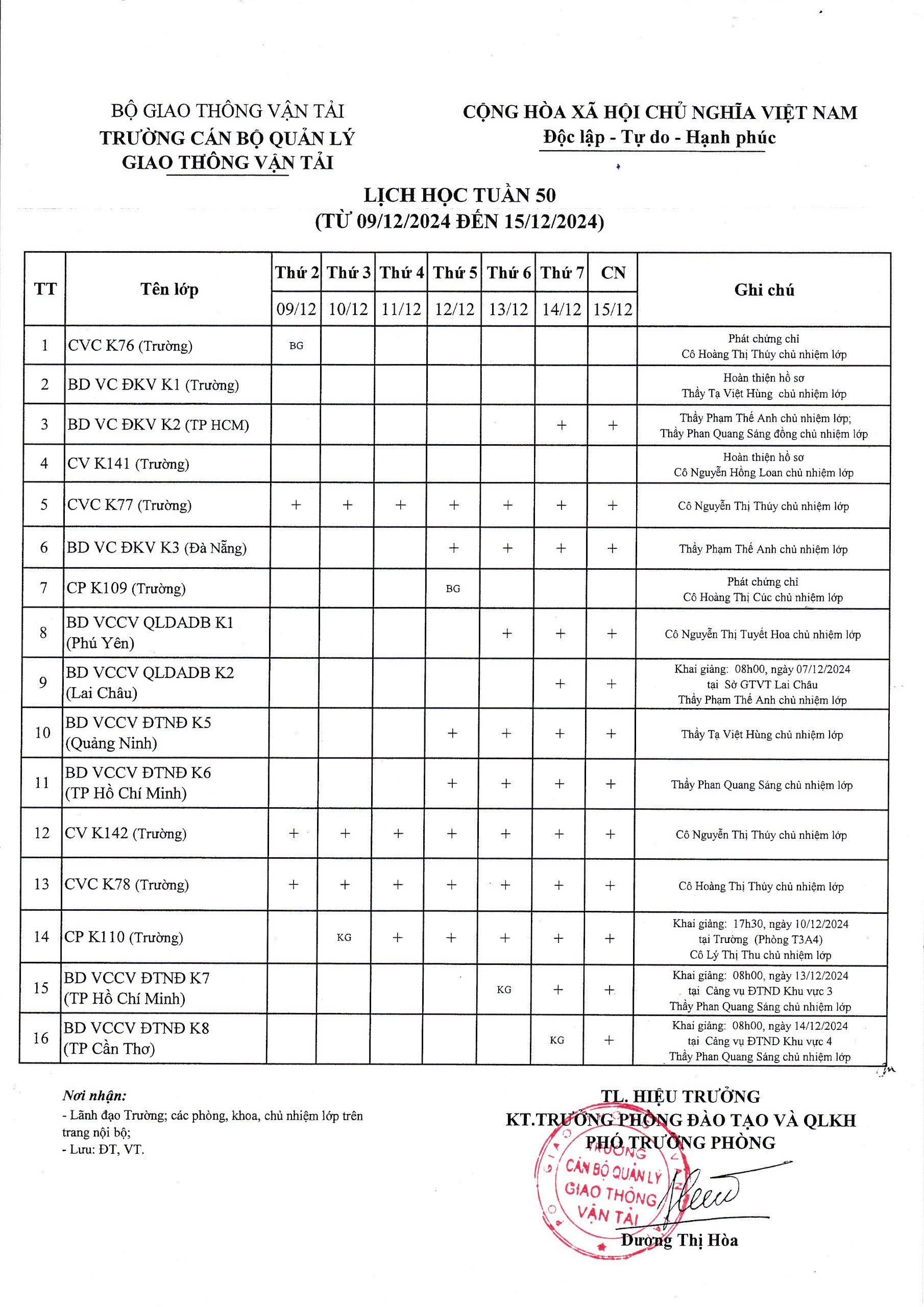 Lịch học tuần 50 từ 09/12/2024 đến 15/12/2024