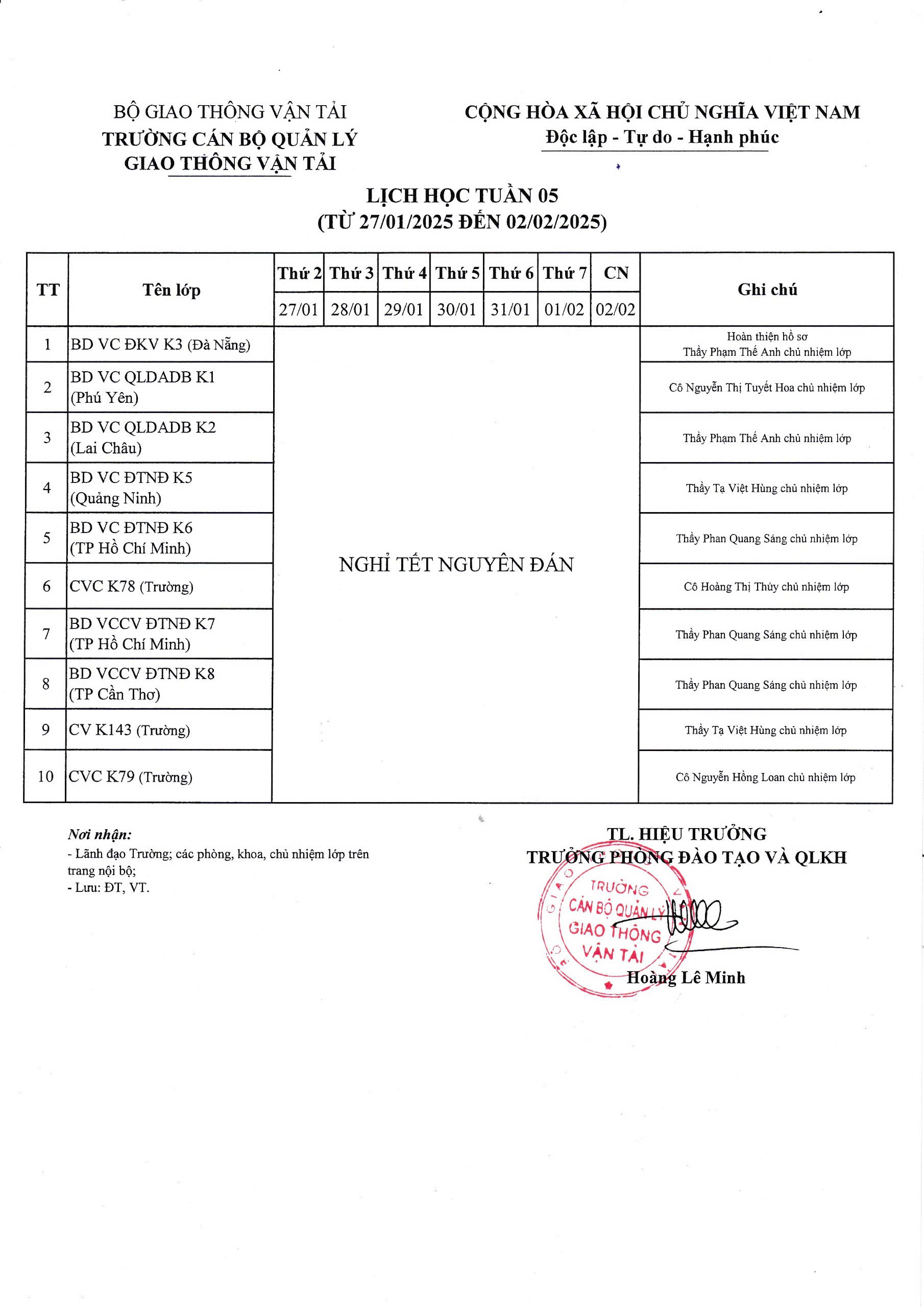 Lịch học tuần 05 từ 27/01/2025 đến 02/02/2025