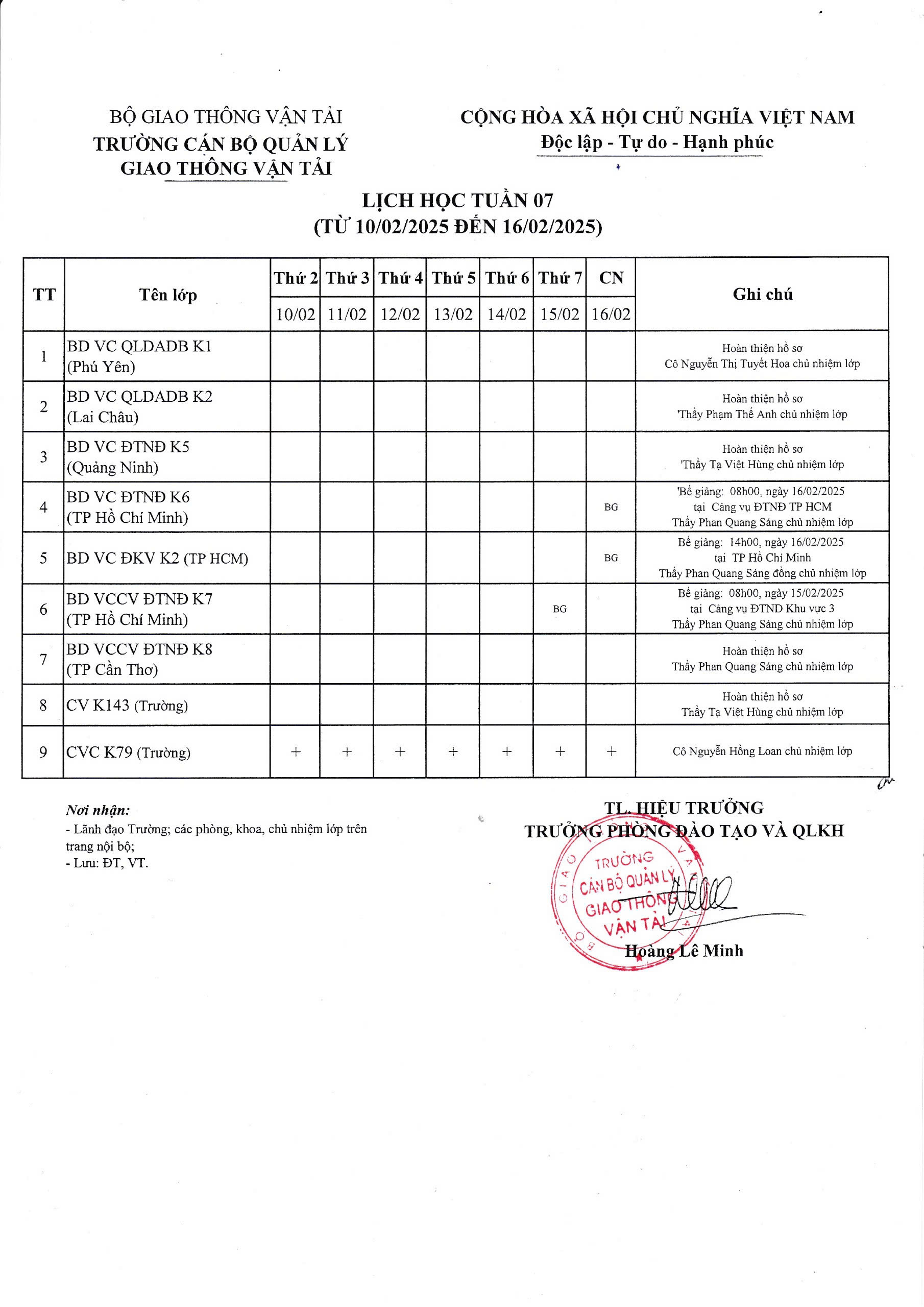 Lịch học tuần 07 từ 10/02/2025 đến 16/02/2025