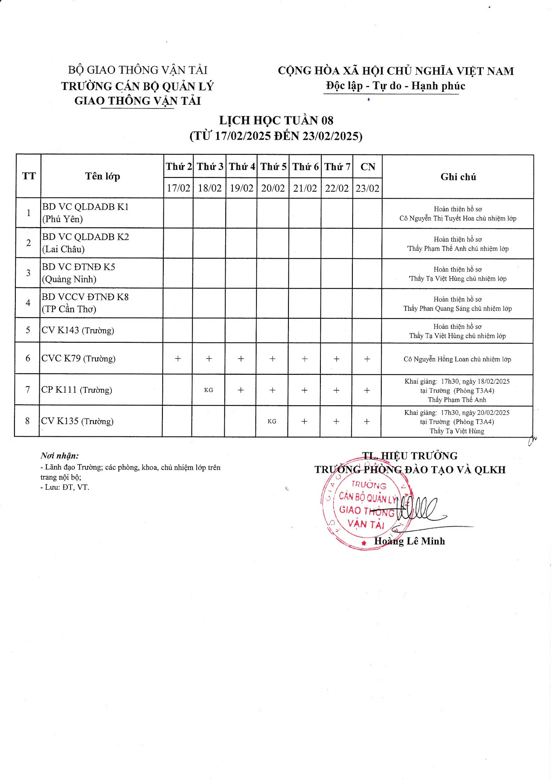 Lịch học tuần 08 từ 17/02/2025 đến 23/02/2025
