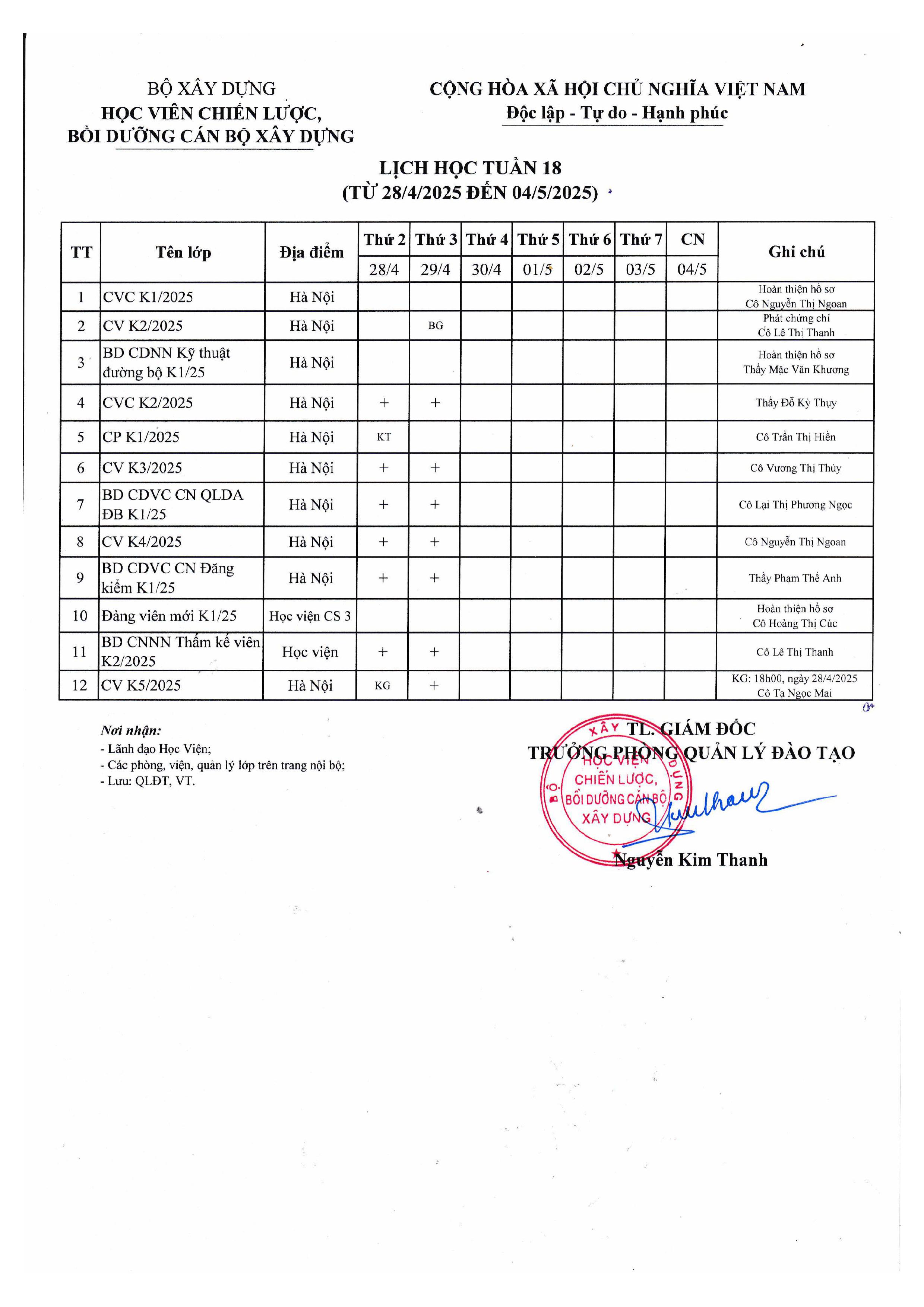 Lịch học tuần 18 từ 28/4/2025 đến 04/5/2025