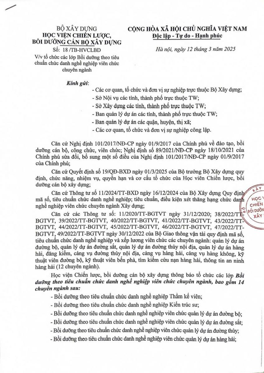TB tổ chức các lớp Bồi dưỡng theo tiêu chuẩn CDNN viên chức chuyên ngành