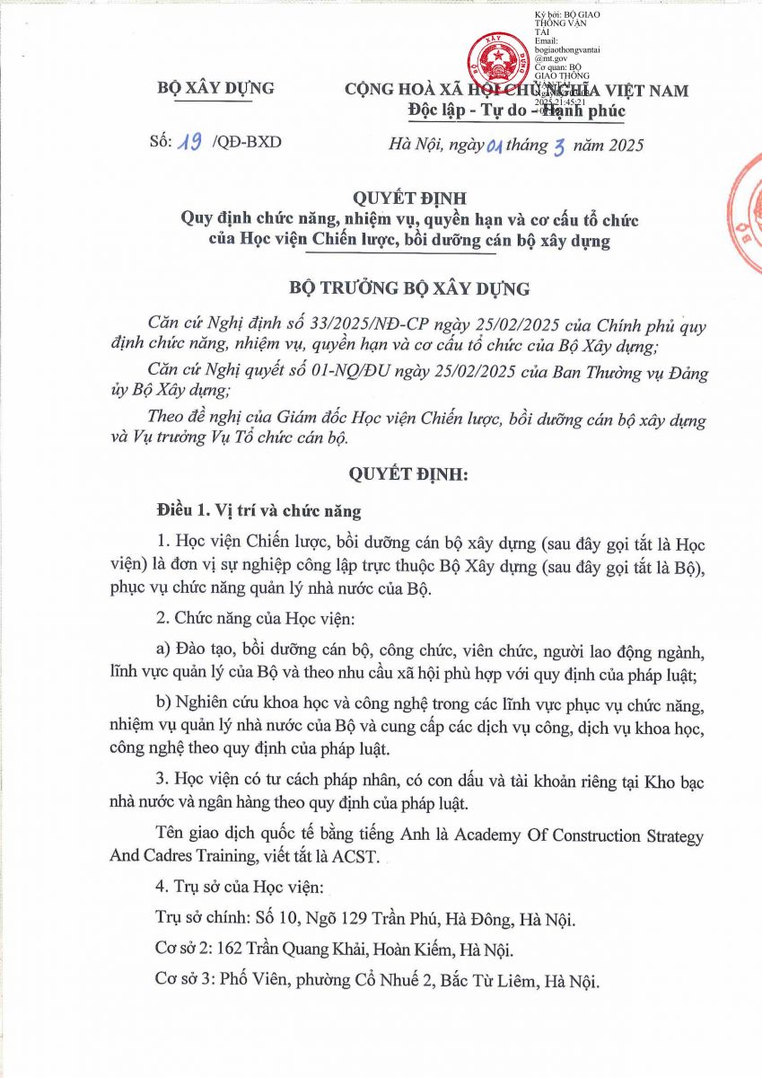 Chức năng, nhiệm vụ, quyền hạn của Học viện Chiến lược, bồi dưỡng cán bộ xây dựng