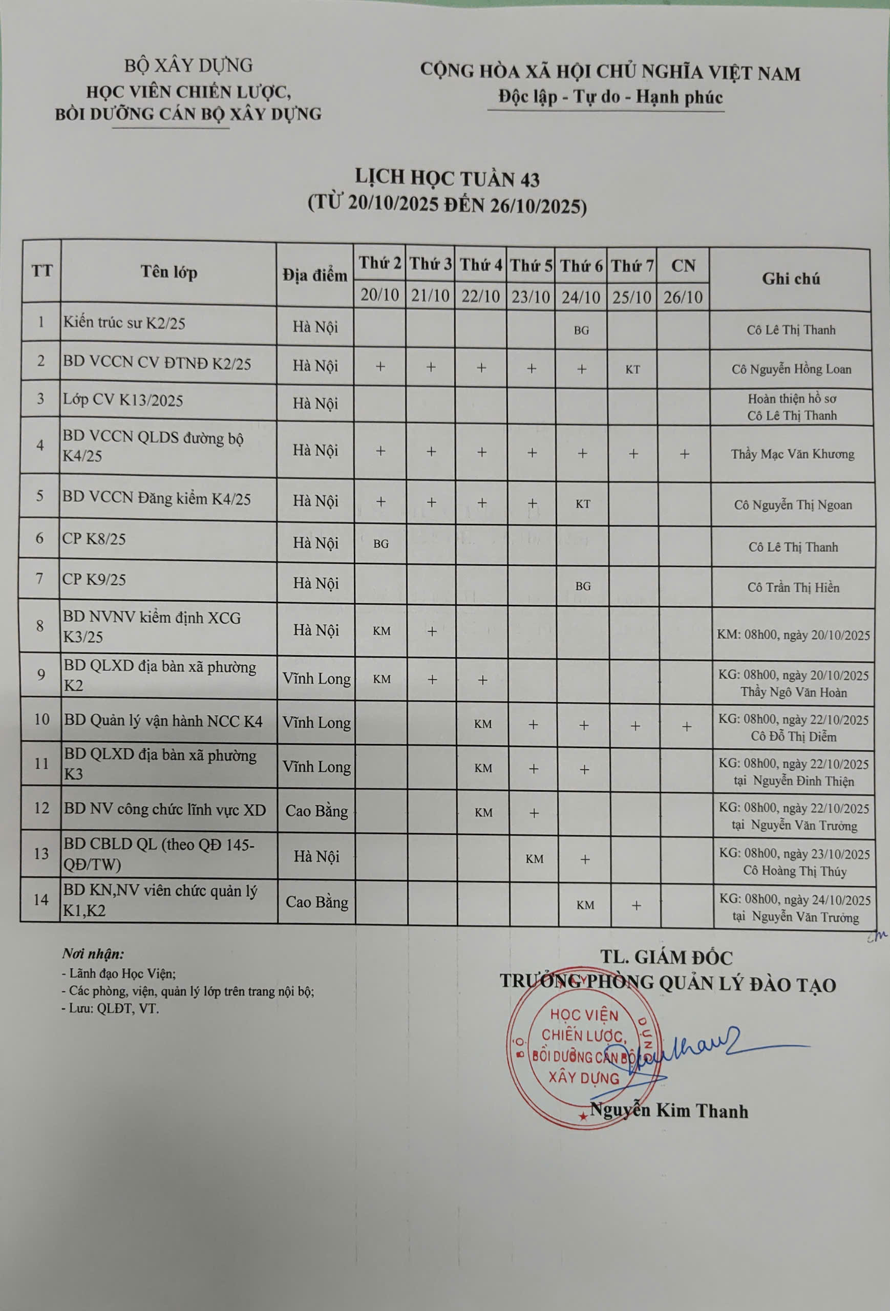 Lịch học tuần 43 từ 20/10/2025 đến 26/10/2025