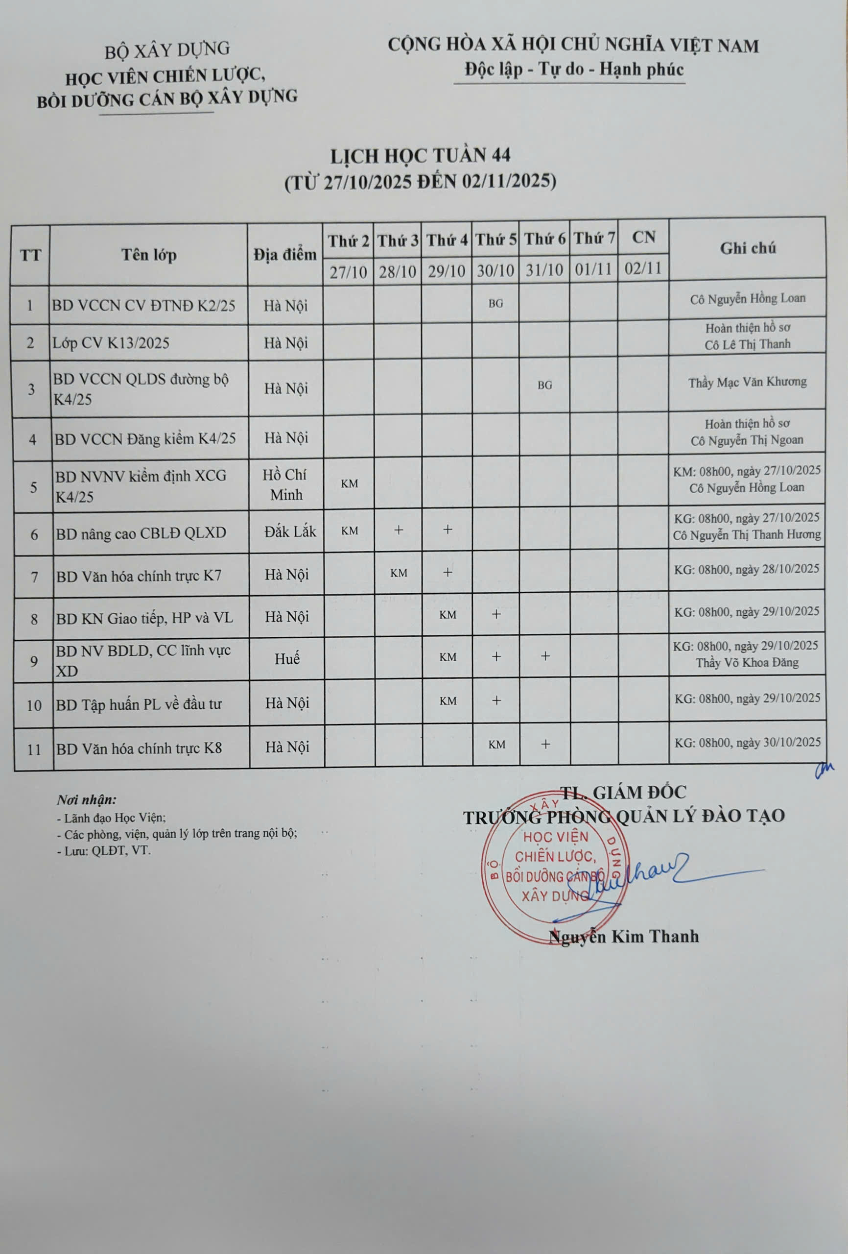 Lịch học tuần 44 từ 27/10/2025 đến 02/11/2025