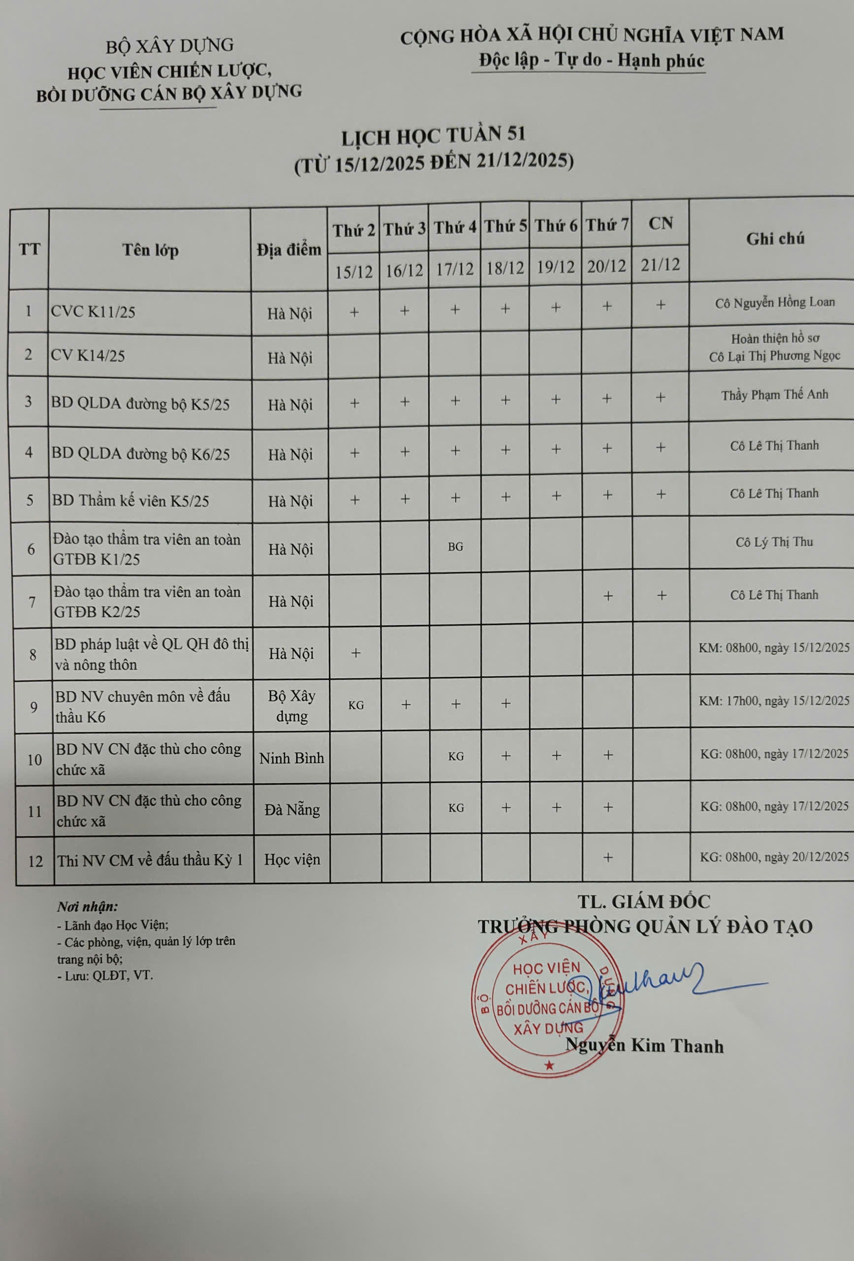 Lịch học tuần 51 từ ngày 15/12/2025 đến 21/12/2025
