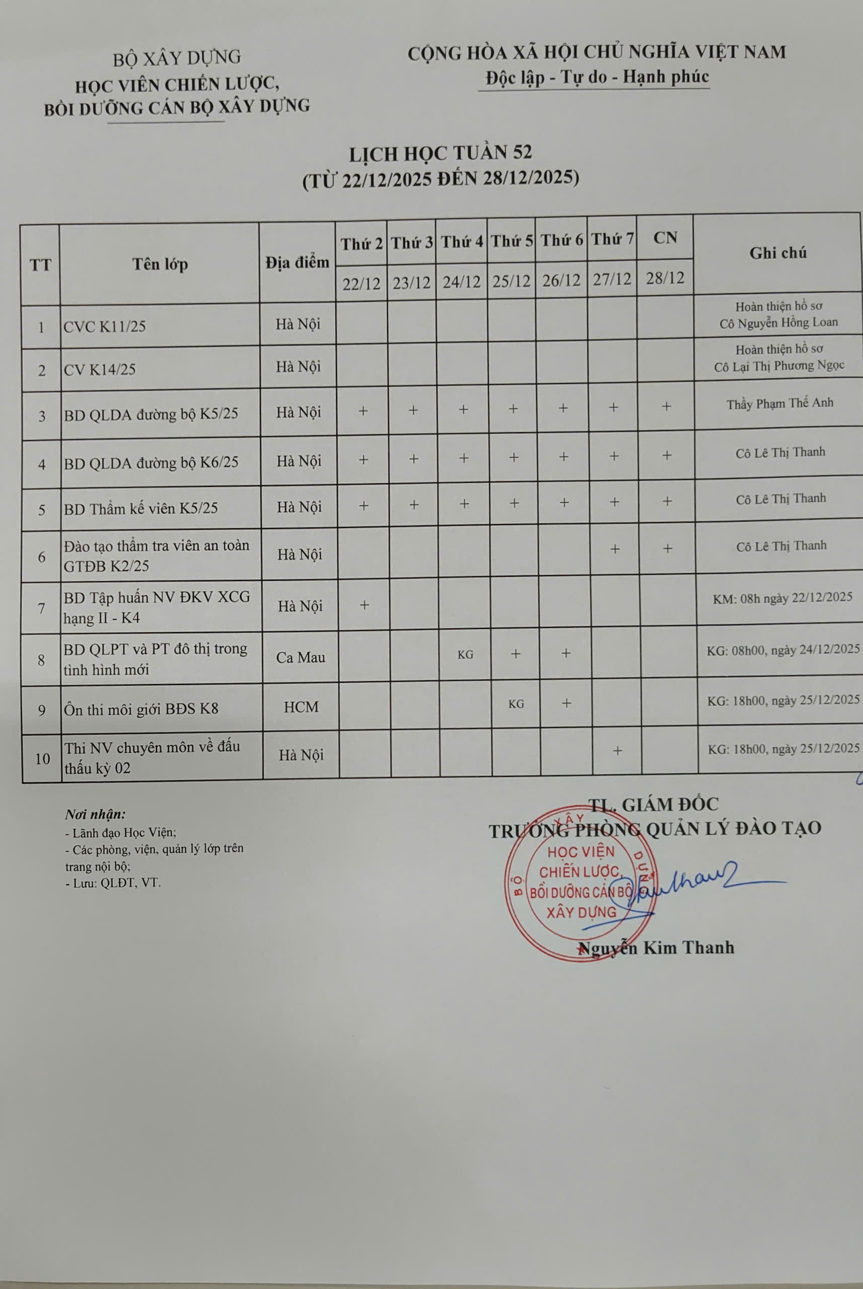Lịch học tuần 52 từ ngày 22/12/2025 đến 28/12/2025