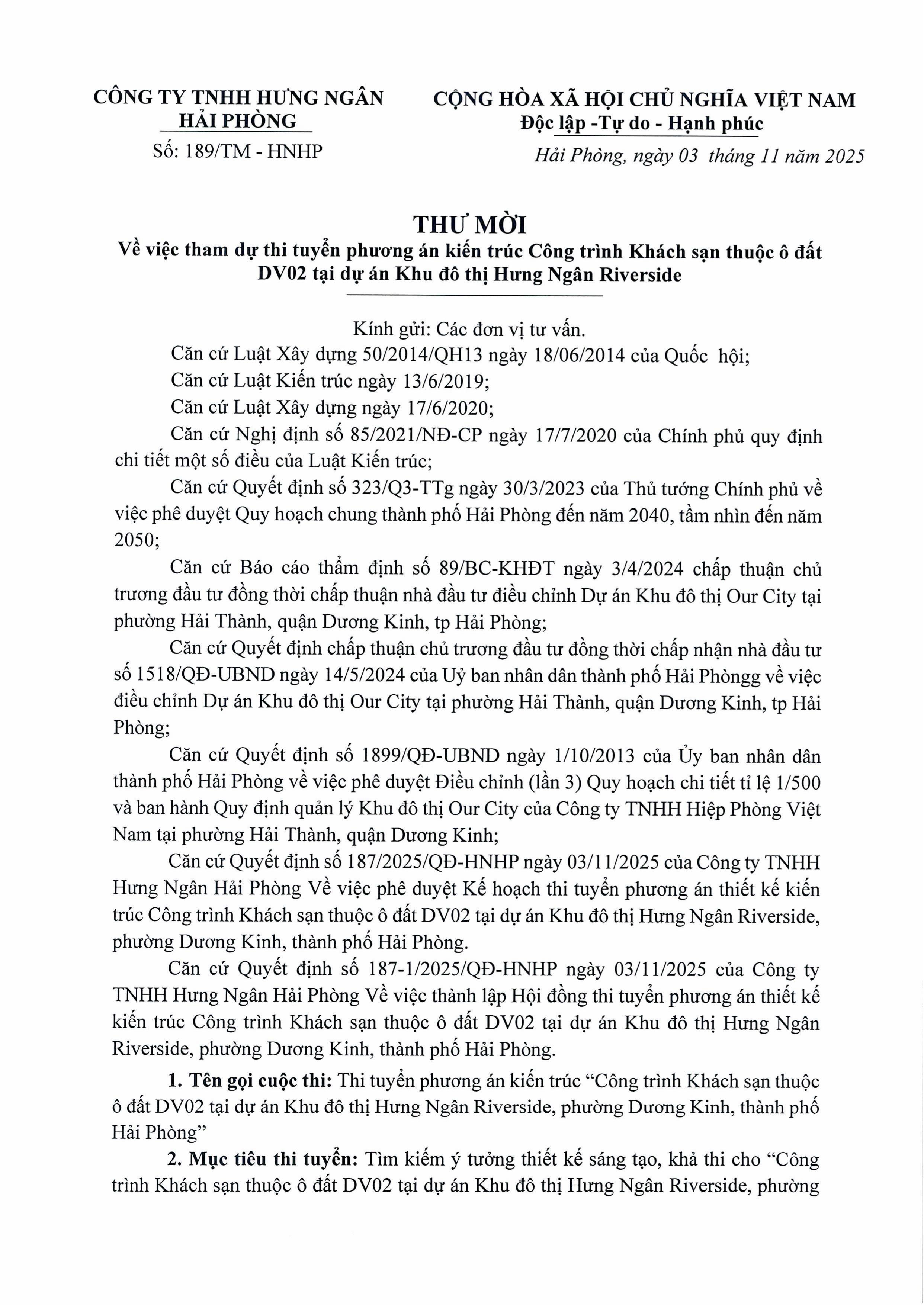 Thư mời tham dự thi tuyển phương án kiến trúc Công trình Khách sạn thuộc ô đất DV02 tại dự án Khu đô thị Hưng Ngân Riverside