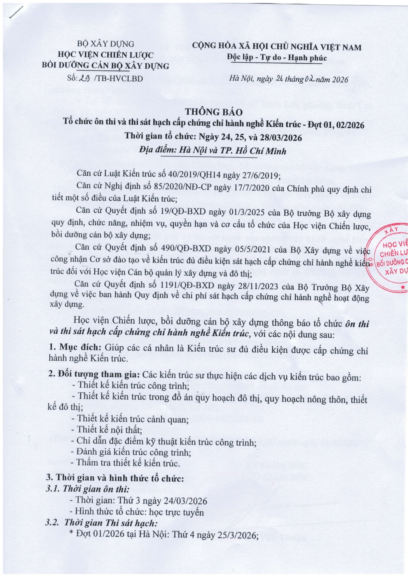 Tổ chức ôn và thi sát hạch cấp chứng chỉ hành nghề Kiến trúc - Đợt 1, 2/2026 tại Hà Nội và TP. Hồ Chí Minh