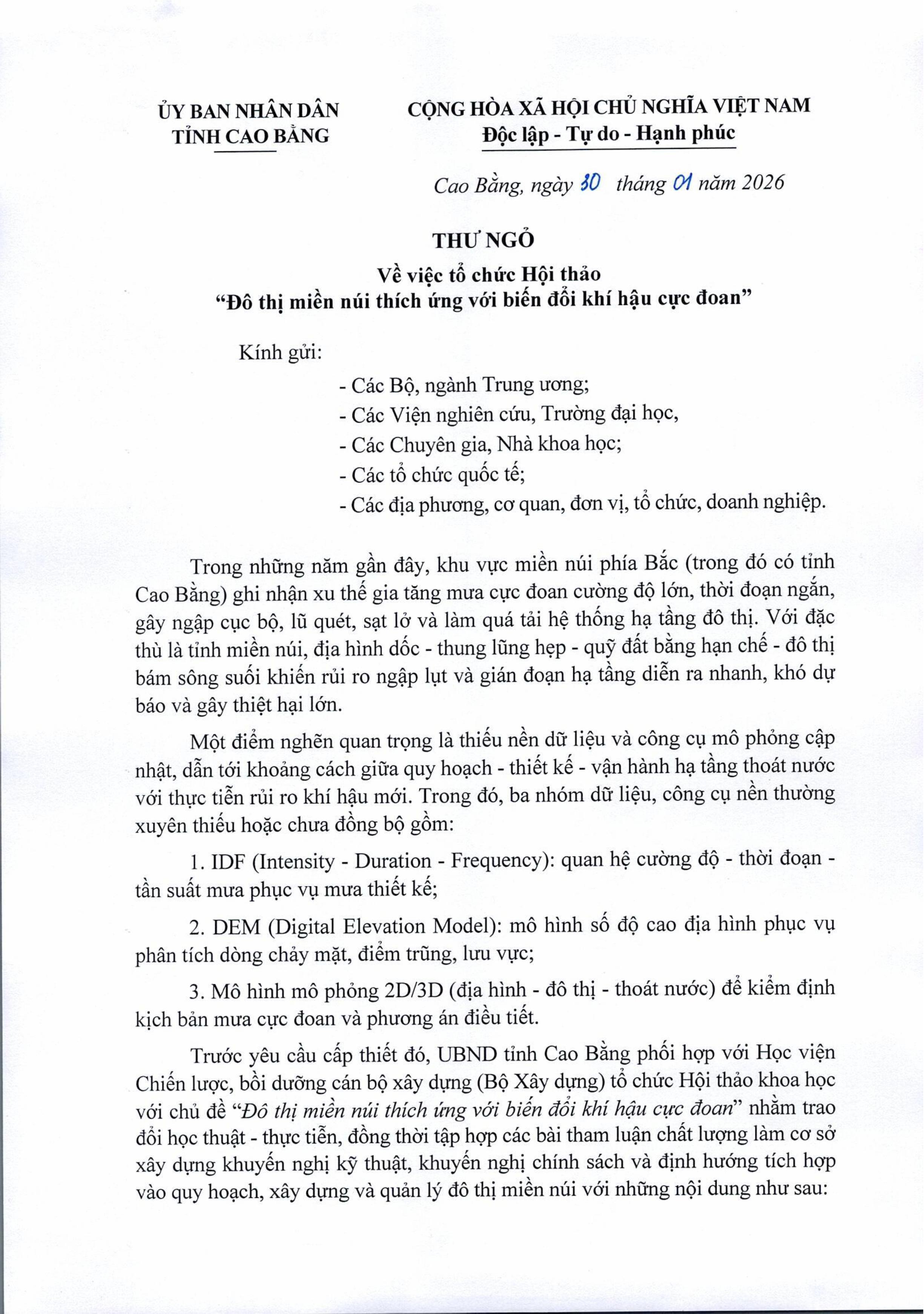 Thư ngỏ về việc Tổ chức Hội thảo Đô thị miền núi thích ứng với biến đổi khí hậu cực đoan