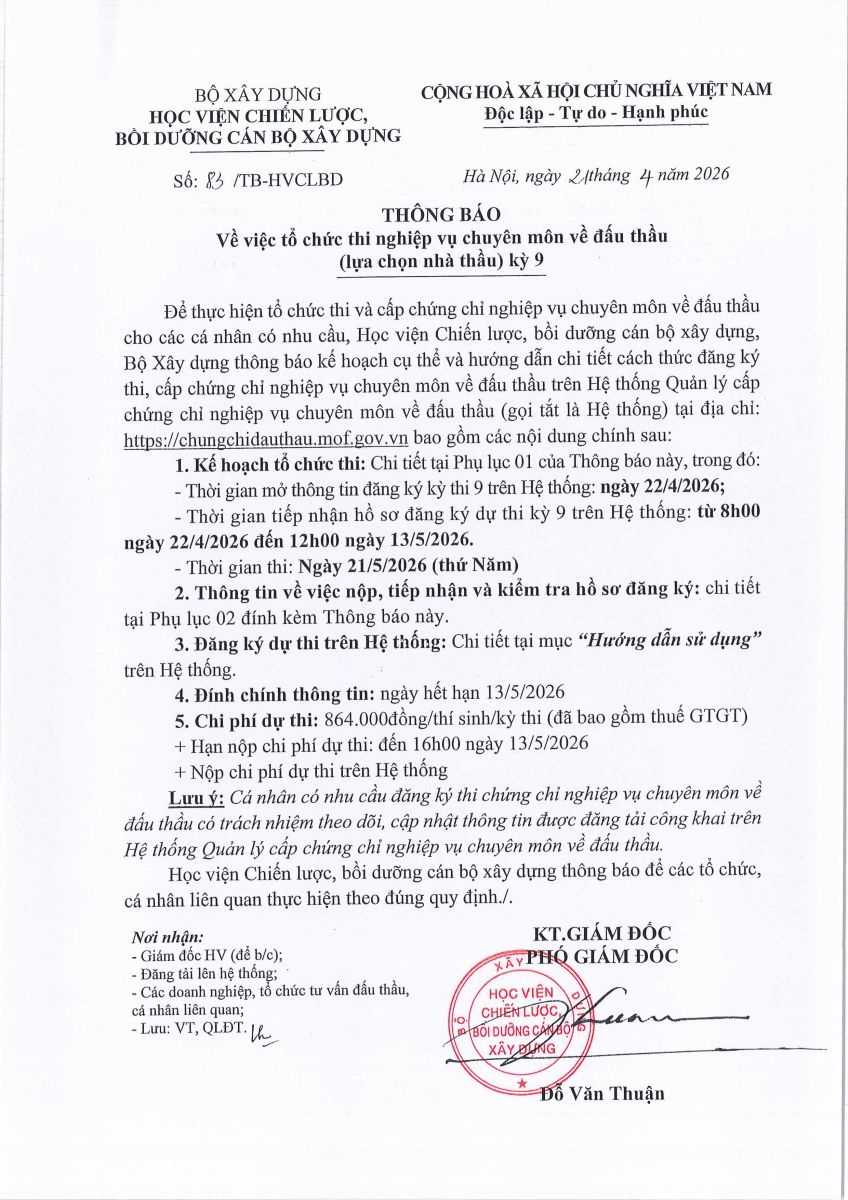 Tổ chức kỳ thi nghiệp vụ chuyên môn về đấu thầu (lựa chọn nhà thầu) kỳ 9 tại Hà Nội