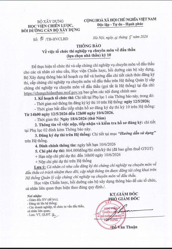 Thông báo về việc tổ chức thi nghiệp vụ chuyên môn về đấu thầu (lựa chọn nhà thầu) kỳ 10 tại Tỉnh Ninh Bình