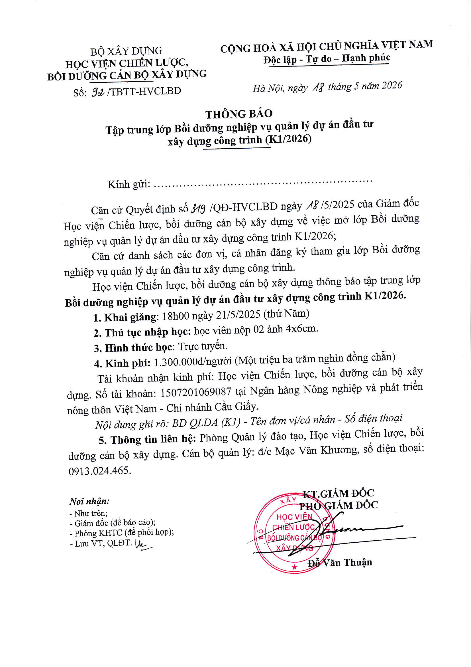 Thông báo tập trung lớp Bồi dưỡng nghiệp vụ quản lý dự án đầu tư xây dựng công trình (K1/2026)
