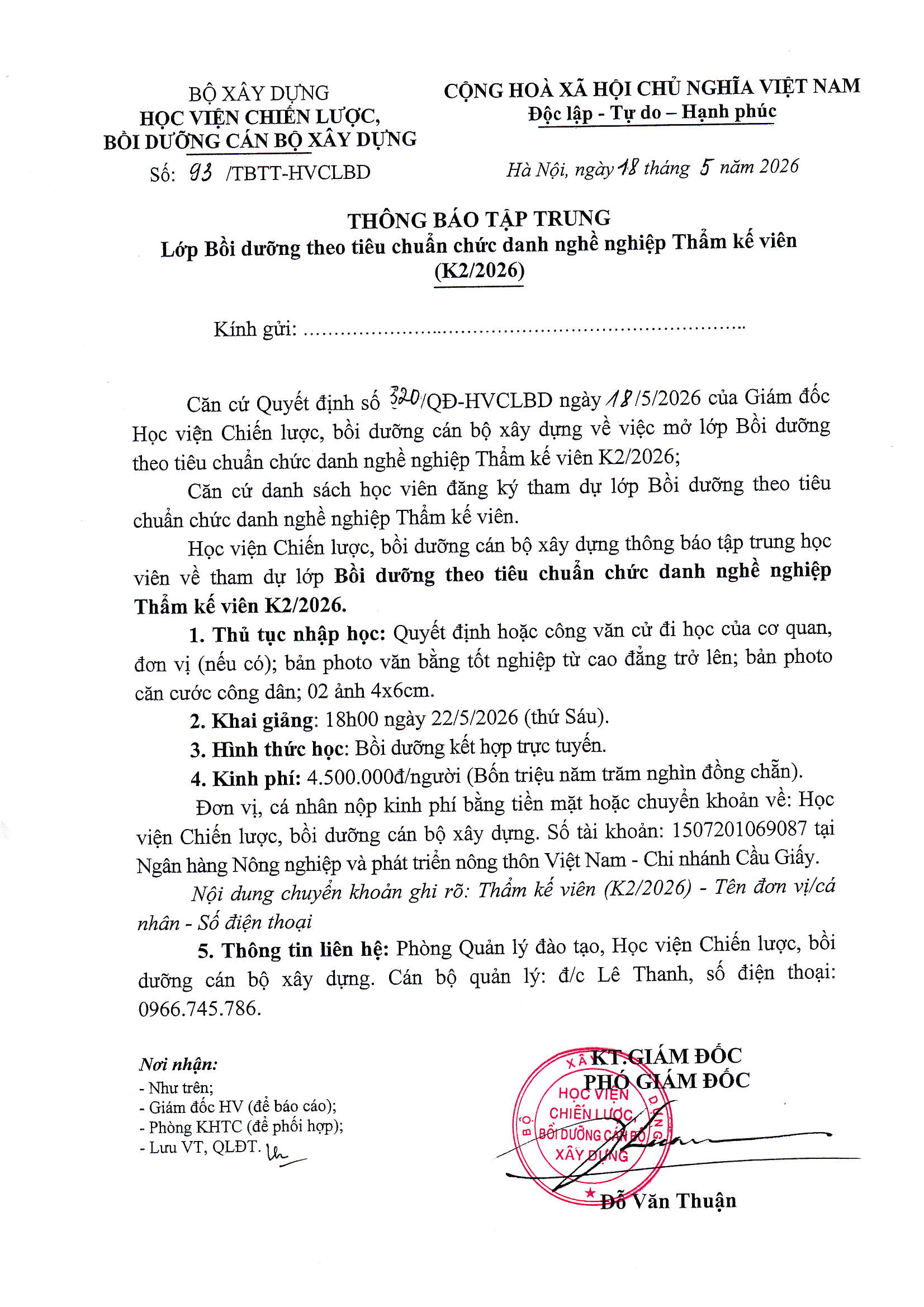 Thông báo tập trung lớp Bồi dưỡng theo tiêu chuẩn chức danh nghề nghiệp Thẩm kế viên (K2/2026)