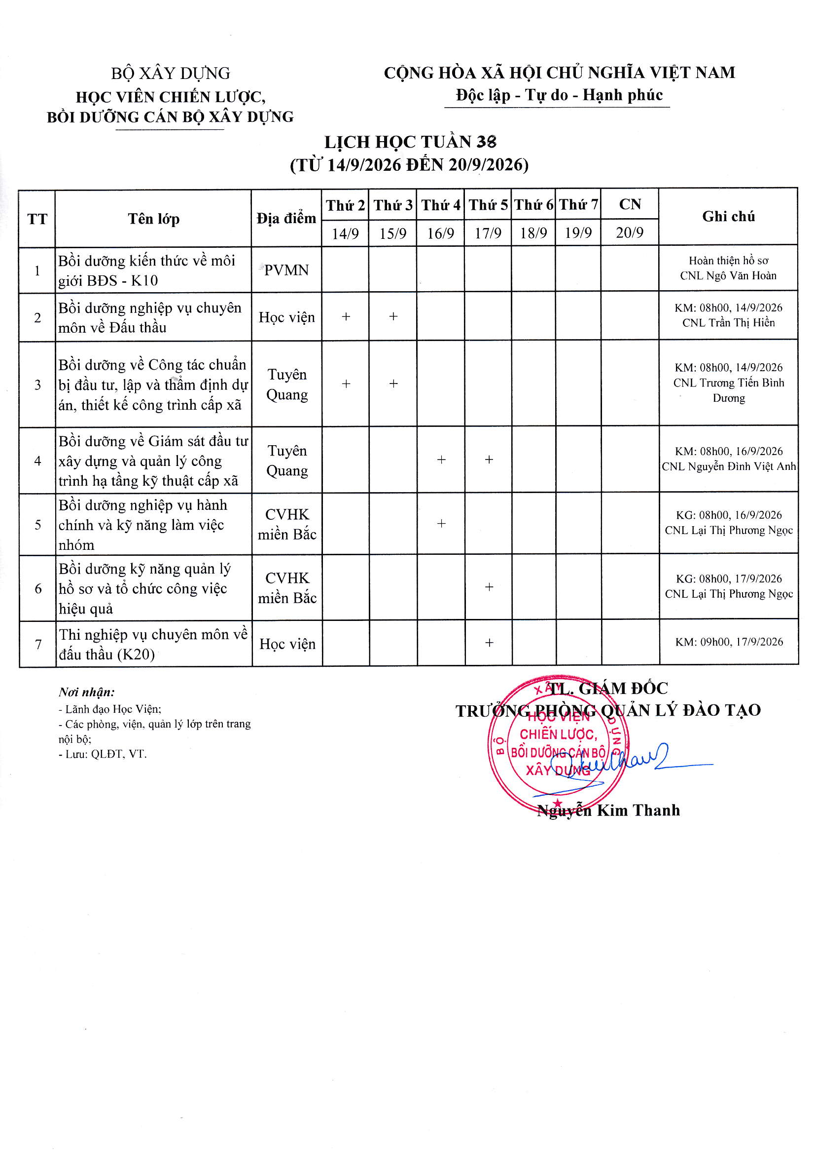 Kế hoạch đào tạo, bồi dưỡng từ Tuần 38